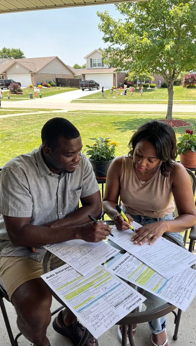 Kierowca z rodziną rozważający różne opcje ubezpieczenia samochodowego w biurze doradczym.