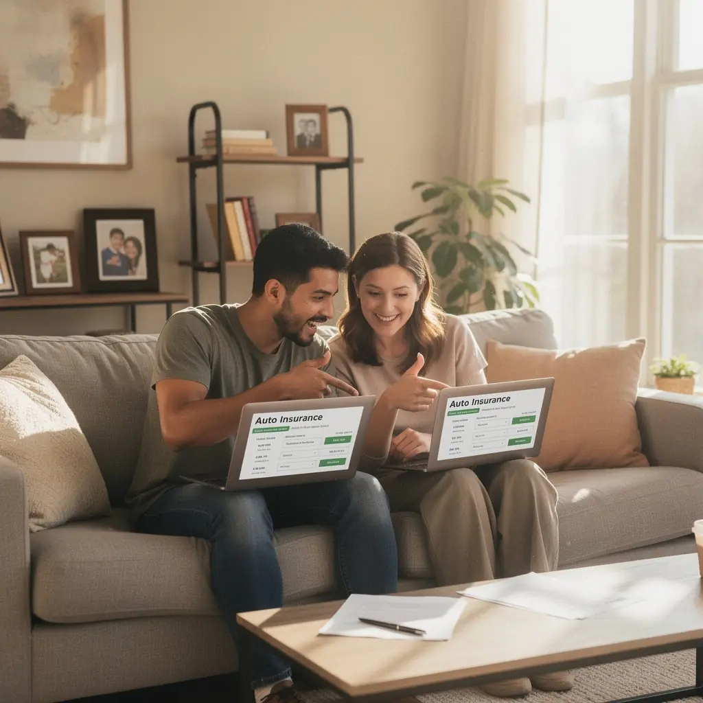 Grafika pokazująca komputer z otwartą stroną internetową, na której można znaleźć porady dotyczące ubezpieczeń samochodowych dla gospodarstw domowych z wieloma pojazdami.