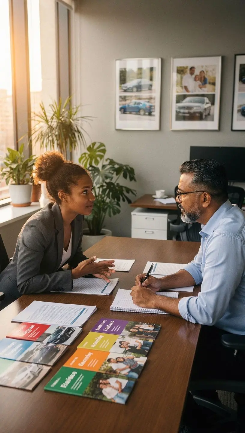 Kierowca uśmiechający się, przeglądający różne opcje ubezpieczenia samochodowego w biurze doradczym.