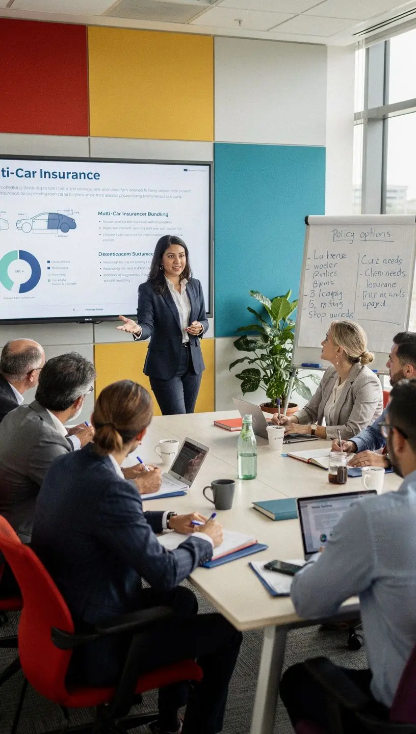 Doradca ubezpieczeń samochodowych omawiający opcje pokrycia dla rodzin z wieloma pojazdami.