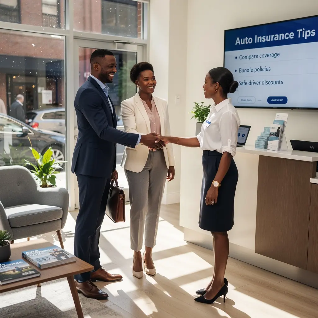 Zdjęcie przedstawiające doradcę ubezpieczeń samochodowych, który omawia różne opcje polisy z klientem przy biurku.