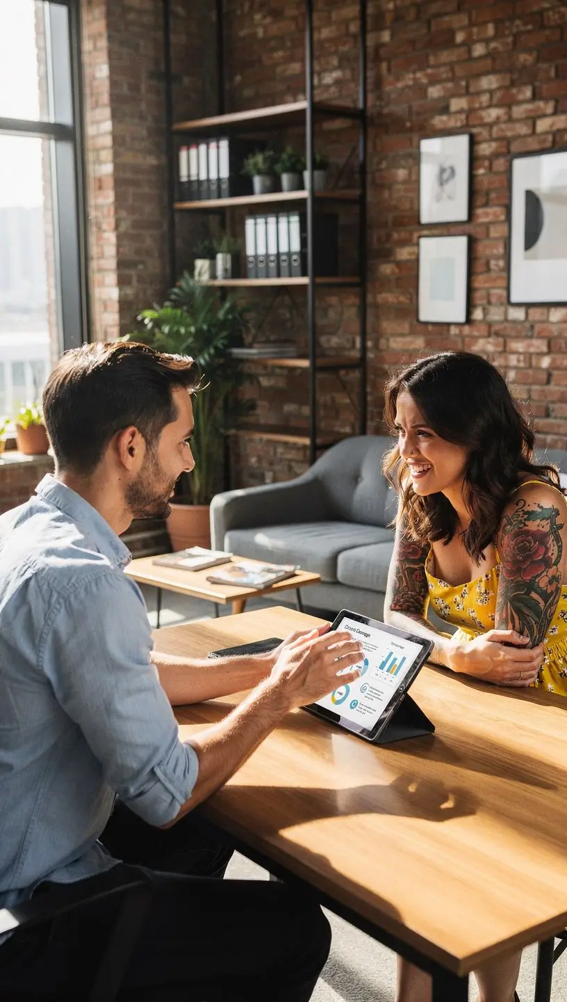 Doradca ubezpieczeń samochodowych omawiający opcje ochrony dla kierowców w biurze.