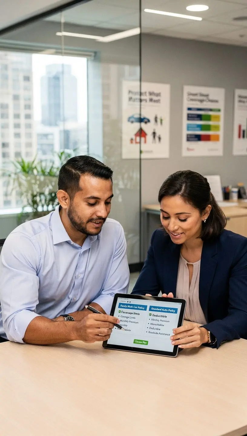 Zespół ekspertów analizujący plany ubezpieczeniowe podczas spotkania z klientem.