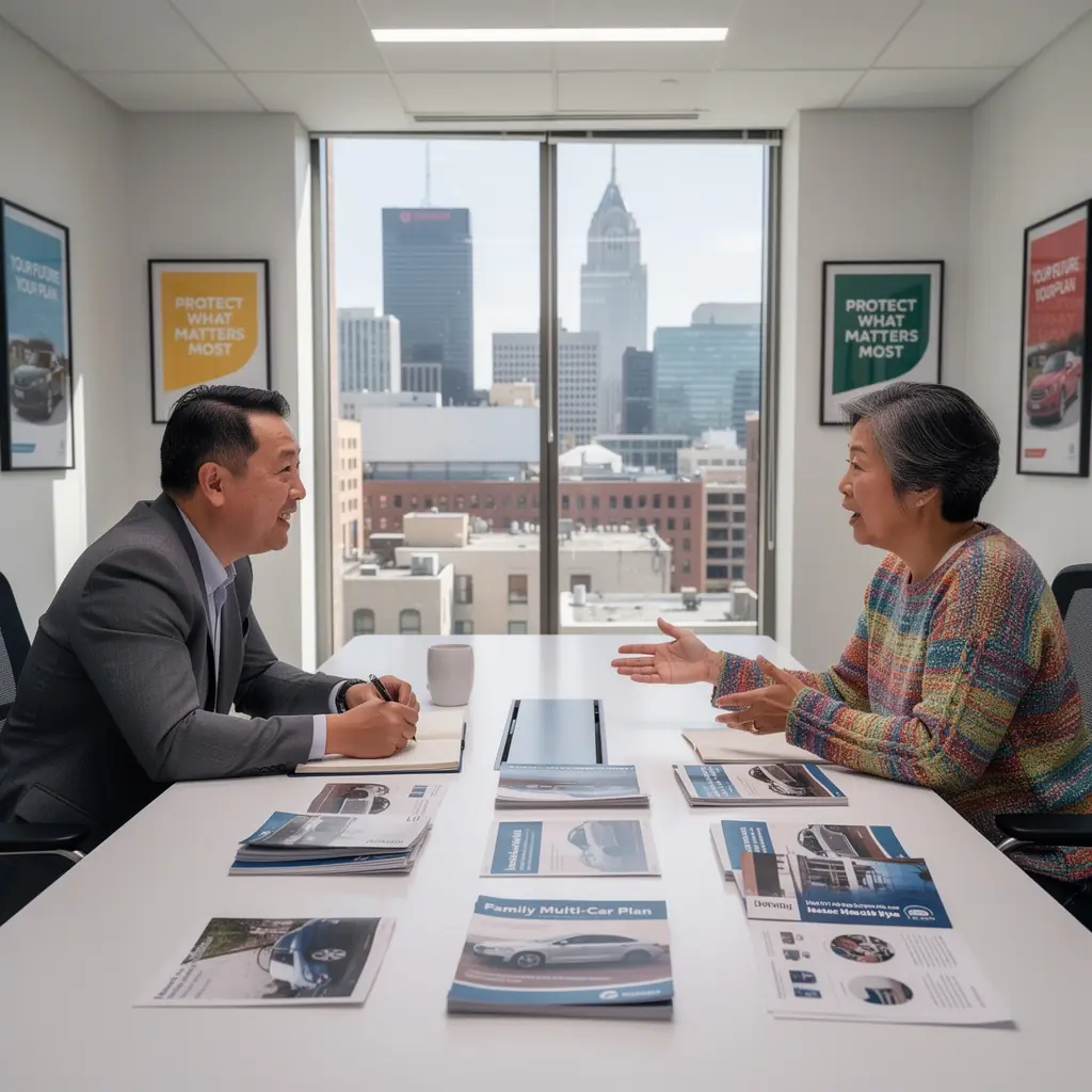 Ilustracja przedstawiająca rodzinę z dwoma samochodami, rozmawiającą o najlepszych planach ubezpieczeniowych dla ich pojazdów.