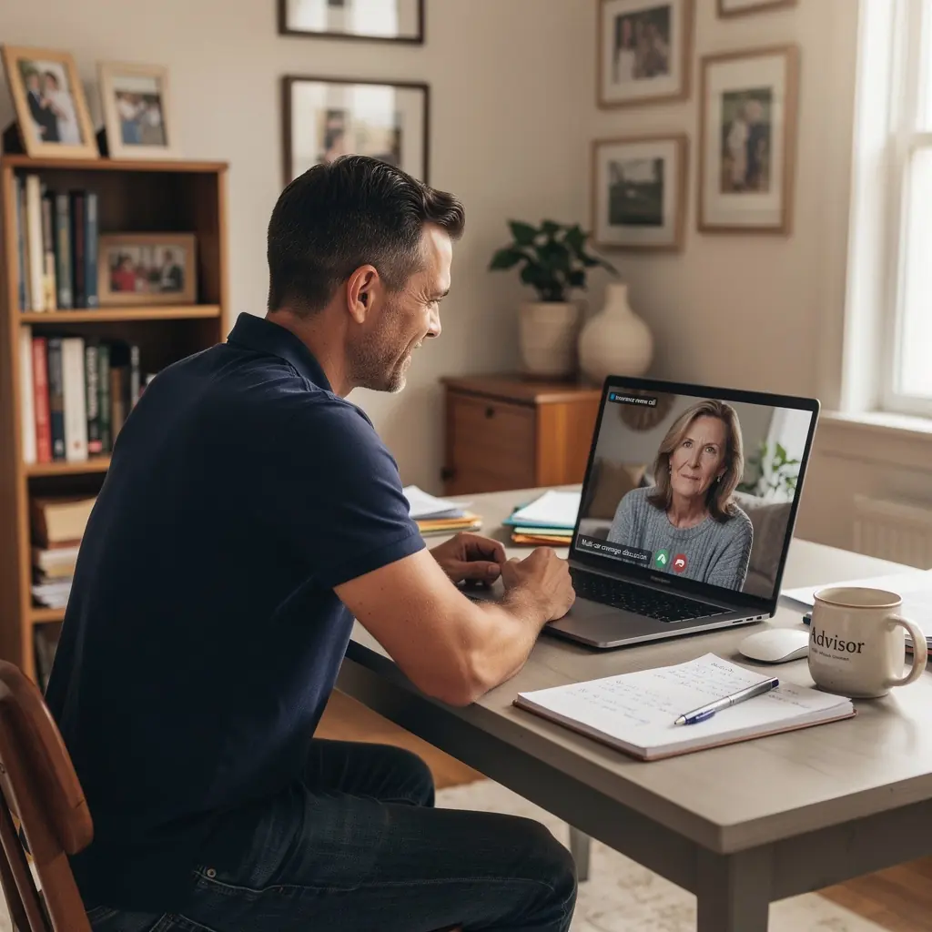 Rodzina z wieloma samochodami analizująca plany ubezpieczeniowe w przyjaznym otoczeniu.