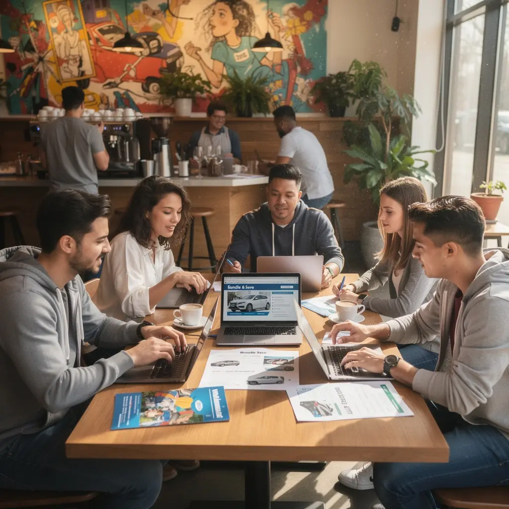 Rodzina z dwoma samochodami omawiająca opcje ubezpieczenia w przytulnym pomieszczeniu.