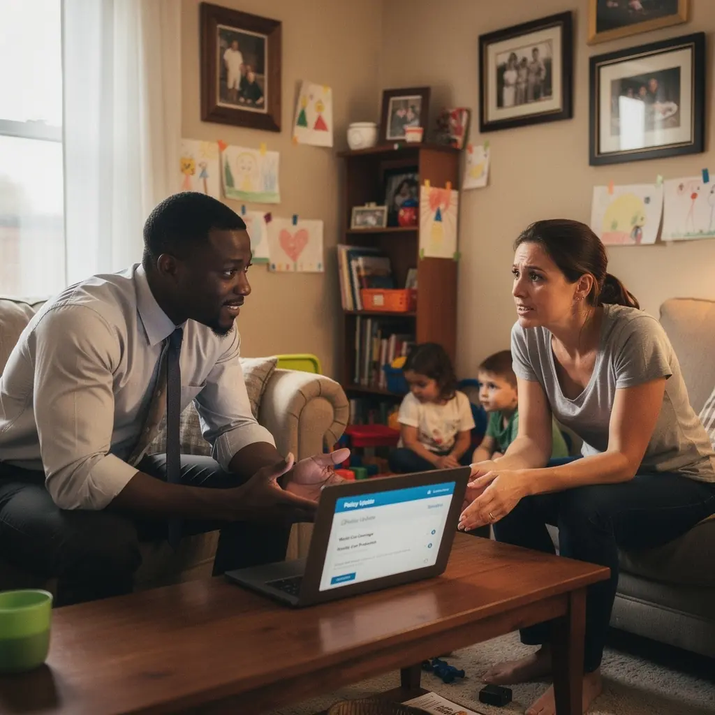 Kierowca rozmawiający z doradcą ubezpieczeń samochodowych w biurze.